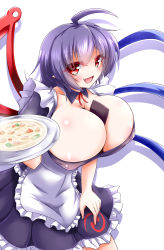 Rule 34 | 1girl, :d, adapted costume, ahoge, alternate costume, apron, between breasts, blush, body blush, breasts, cleavage, dautsen, detached collar, dress, enmaided, fang, food, heart, heart-shaped pupils, highres, houjuu nue, huge breasts, looking at viewer, maid, maid apron, open mouth, pointy ears, purple hair, red eyes, short hair, smile, solo, symbol-shaped pupils, touhou, wings