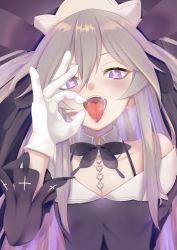 Rule 34 | 1girl, bare shoulders, black dress, black neckwear, blush, chain, detached collar, dress, fellatio gesture, gloves, grey hair, hair between eyes, headdress, heart, heart-shaped pupils, highres, hijirime laeria, hijirime laeria no misa no jikan, ichi-go, long hair, looking at viewer, off-shoulder dress, off shoulder, open mouth, purple eyes, solo, symbol-shaped pupils, tongue, tongue out, upper body, virtual youtuber, white gloves