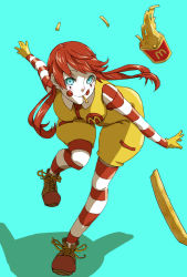 Rule 34 | 1girl, aqua eyes, bad anatomy, bent over, blue eyes, clown, food, french fries, gender request, genderswap, gloves, highres, long hair, mcdonald&#039;s, mouth hold, pantyhose, red hair, ronald mcdonald, shoes, smile, solo, striped clothes, striped pantyhose, velzhe, yellow gloves