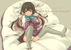 Rule 34 | 1girl, absurdres, black hair, blazer, blouse, boots, bow, bowtie, breasts, character name, cross-laced footwear, cushion, dress, fang, gradient background, grey background, grey thighhighs, hair down, hairband, halterneck, highres, jacket, kantai collection, lace-up boots, large breasts, long hair, looking at viewer, multicolored hair, naganami (kancolle), naganami kai ni (kancolle), no shoes, panties, pantyshot, pink hair, pleated skirt, pot-de, shirt, short sleeves, sitting, skirt, smile, soles, solo, thighhighs, two-tone hair, underwear, wavy hair, white hairband, white panties, white shirt