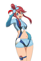 Rule 34 | 10s, 1girl, blue eyes, blush, creatures (company), galsink, game freak, gloves, gym leader, hair ornament, highres, holding, holding poke ball, long hair, midriff, navel, nintendo, open clothes, open mouth, poke ball, poke ball (basic), pokedex, pokemon, pokemon bw, red hair, short shorts, shorts, simple background, sitting, skyla (pokemon), smile, solo, suspenders, white background