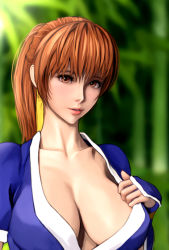 Rule 34 | 1girl, arm guards, bad id, bad pixiv id, blue dress, blurry, blurry background, breasts, brown eyes, brown hair, cleavage, collarbone, dead or alive, dontae, dress, high ponytail, highres, kasumi (doa), large breasts, ninja, parted lips, pink lips, short sleeves