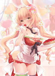 Rule 34 | 1girl, animal ears, apron, balloon, black necktie, black ribbon, blonde hair, blush, bra, breasts, brown eyes, chocolate, cleavage, commentary request, cowboy shot, drill hair, flower, food, food in mouth, fruit, hair flower, hair ornament, heart balloon, highres, holding, holding food, holding fruit, holding plate, large breasts, long tongue, looking at viewer, maid day, maid headdress, necktie, original, panties, pink flower, plate, polka dot, polka dot bra, polka dot panties, rabbit ears, rabbit tail, red bra, red panties, ribbon, sakura (ichisakupink), solo, standing, strawberry, tail, tongue, twin drills, twintails, underwear, very long tongue, white apron, white flower
