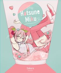 1girl, ;q, ahoge, akakura, alternate color, armpits, arms up, artist name, boots, character name, cherry hair ornament, chromatic aberration, closed mouth, collared shirt, commentary request, cup, detached sleeves, drinking glass, english text, eyebrows behind hair, fingernails, food themed hair ornament, full body, hair between eyes, hair ornament, hatsune miku, headset, heart, highres, in container, in cup, long hair, looking at viewer, microphone, miniskirt, nail polish, necktie, one eye closed, patterned hair, pink eyes, pink footwear, pink hair, pink nails, pink neckwear, pink skirt, pleated skirt, sakura miku, sakuramon, shirt, shoe soles, signature, skirt, sleeveless, sleeveless shirt, smile, solo, thigh boots, thighhighs, tie clip, tongue, tongue out, twintails, very long hair, vocaloid, wide sleeves