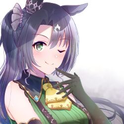 Rule 34 | 1girl, abish, black hair, blush, closed mouth, commentary request, detached sleeves, gloves, green eyes, hair ornament, highres, horse girl, horse tail, long hair, looking at viewer, one eye closed, portrait, satono crown (umamusume), side ponytail, smile, solo, tail, umamusume, white background