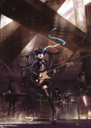 Rule 34 | 10s, 4girls, absurdres, alphonse (white datura), bass guitar, black gold saw, black hair, black rock shooter, black rock shooter (character), blue eyes, boots, cable, chain, dead master, dress, drum, drum set, frilled skirt, frills, glowing, glowing eyes, guitar, highres, hood, hooded jacket, hoodie, instrument, jacket, keyboard (instrument), long hair, microphone, microphone stand, multiple girls, music, necktie, open mouth, pantyhose, silver hair, singing, skirt, star (symbol), strength (black rock shooter), thigh boots, thighhighs, twintails, very long hair, zettai ryouiki