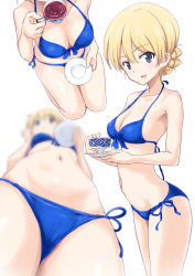 Rule 34 | 10s, 1girl, :d, arched back, armpits, bare arms, bare shoulders, bikini, blonde hair, blue bikini, blue eyes, blue ribbon, blurry, blush, braid, breasts, cameltoe, cleavage, closed mouth, collarbone, commentary request, crotch, cup, darjeeling (girls und panzer), depth of field, drink, foreshortening, french braid, from above, from below, front-tie bikini top, front-tie top, gin&#039;you haru, girls und panzer, groin, head out of frame, highres, holding, holding cup, legs together, liquid, looking at viewer, looking down, medium breasts, multiple views, navel, open mouth, ribbon, saucer, seiza, shiny skin, short hair, side-tie bikini bottom, simple background, sitting, smile, stomach, swimsuit, tareme, tea, teacup, thighs, white background