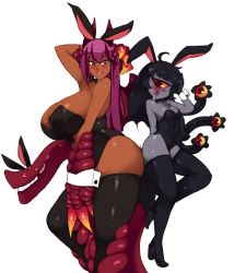 Rule 34 | 2girls, :d, animal ears, ass, ass-to-ass, asymmetrical ass-to-ass, black hair, black legwear, black leotard, blush, breasts, claws, colored sclera, colored skin, cyclops, dark-skinned female, dark skin, detached collar, dragon girl, fake animal ears, gazer (monster girl encyclopedia), grey skin, huge breasts, jabberwock (monster girl encyclopedia), leotard, long hair, monster girl, monster girl encyclopedia, monster girl encyclopedia ii, multiple girls, one-eyed, open mouth, petite, playboy bunny, plump, rabbit ears, red eyes, rtil, second-party source, simple background, small breasts, smile, tentacles, thighhighs, white background, wrist cuffs, yellow sclera