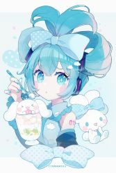 Rule 34 | &gt; &lt;, + +, 1girl, :d, bare shoulders, black sleeves, blue bow, blue eyes, blue hair, blush stickers, bow, character name, chon (chon33v), cinnamiku, cinnamoroll, closed eyes, collared shirt, commentary request, ear bow, frilled shirt collar, frilled sleeves, frills, grey shirt, hair between eyes, hair bow, hair rings, hatsune miku, headphones, highres, holding, holding spoon, long sleeves, looking at viewer, open mouth, parted lips, sanrio, shirt, sidelocks, sleeveless, sleeveless shirt, smile, spoon, updo, vocaloid, wide sleeves, xd