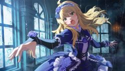 Rule 34 | 1girl, blonde hair, blue dress, candle, dress, flower, game cg, green eyes, headdress, hoshii miki, idolmaster, idolmaster million live!, idolmaster million live! theater days, marionette, official art, open mouth, puppet, solo, window