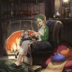 Rule 34 | 1boy, 1girl, aged up, alternate costume, blonde hair, book, chair, character request, child, commentary, dragon quest, dragon quest xi, dress, eye contact, fireplace, full body, green hairband, hairband, hero (dq11), if they mated, indoors, jun (navigavi), long hair, looking at another, mother and son, open mouth, senya (dq11), sitting, slime (dragon quest), slippers, sword, weapon