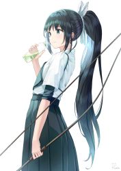 Rule 34 | 1girl, archery, black hair, black hakama, bottle, bow (weapon), closed mouth, commentary request, green eyes, hair ribbon, hakama, hakama skirt, hand up, highres, holding, holding bottle, holding bow (weapon), holding weapon, japanese clothes, kyuudou, long hair, looking away, muneate, original, ponytail, ribbon, ruda (ruda e), shirt, short sleeves, simple background, skirt, smile, solo, very long hair, weapon, white background, white ribbon, white shirt