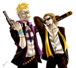 Rule 34 | 2boys, alternate costume, belt, blonde hair, bracelet, brown hair, cigarette, formal, gun, jewelry, jolly roger, kamuna8046z, male focus, marco (one piece), mouth hold, multiple boys, necklace, one piece, pirate, purple shirt, scar, scarf, shirt, sunglasses, tattoo, thatch, weapon