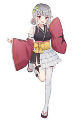 Rule 34 | 1girl, :d, absurdres, black kimono, black skirt, blush, bow, breasts, brown footwear, copyright request, detached sleeves, double bun, eyebrows hidden by hair, frilled kneehighs, gradient hair, green bow, grey hair, hair bow, hair bun, hair ornament, hairclip, hand up, highres, japanese clothes, kimono, kneehighs, long sleeves, looking at viewer, medium breasts, multicolored hair, obi, official art, open mouth, pleated skirt, red eyes, red hair, red sleeves, sandals, sash, simple background, single kneehigh, single sock, single thighhigh, skirt, sleeves past wrists, smile, socks, solo, standing, standing on one leg, thighhighs, virtual youtuber, white background, white socks, wide sleeves, yukiunag1, zouri
