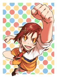 Rule 34 | 10s, 1girl, arm up, clenched hand, clenched hands, fire, hair ornament, hairclip, hino akane (smile precure!), necktie, open mouth, precure, raised fist, red hair, school uniform, shoe-ji, sleeves rolled up, smile, smile precure!, solo