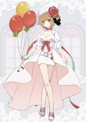 Rule 34 | 1girl, balloon, belt, blush, bow, breasts, brown eyes, brown hair, closed mouth, commentary, crossed legs, dress, flower, full body, green bow, hair flower, hair ornament, head tilt, highres, holding, holding balloon, holding clothes, holding dress, large breasts, light blush, looking at viewer, meiko (vocaloid), monochrome background, puffy sleeves, red bow, ribbon, rose, shoes, short sleeves, skirt, smile, sneakers, solo, standing, vocaloid, white dress, white skirt, window, yoshiki