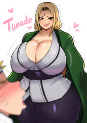 Rule 34 | 1boy, 1girl, absurdres, blonde hair, blush, breasts, brown eyes, cleavage, grin, highres, huge breasts, naruto, naruto (series), naruto shippuuden, plump, smile, standing, thick thighs, thighs, tsunade (naruto), zxcv (pixiv3783098)