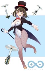 Rule 34 | 1girl, :d, aderi, arknights, black coat, black hair, black hat, blue background, blush, bow, bowtie, brown eyes, cane, coat, commentary request, drone, fishnet pantyhose, fishnets, full body, hat, head tilt, highres, leotard, leotard under clothes, long sleeves, looking at viewer, magallan (arknights), multicolored hair, open mouth, pantyhose, partial commentary, red bow, red bowtie, rhine lab logo, short hair, smile, solo, streaked hair, top hat, two-tone background, white background, white hair, white leotard