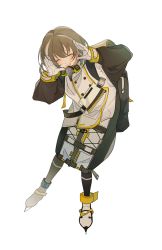 Rule 34 | 1girl, ankleband, arknights, backpack, bag, black bag, black legwear, black sleeves, blush, brown hair, coat, closed eyes, full body, gloves, happy, highres, infection monitor (arknights), latutou1, magallan (arknights), multicolored hair, open mouth, short hair, simple background, skates, solo, standing, streaked hair, teeth, white background, white coat, white footwear, white gloves, white hair