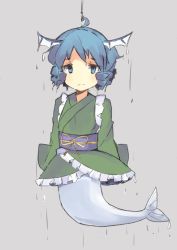 Rule 34 | 1girl, ahoge, arms at sides, blue eyes, blue hair, captured, fins, frilled kimono, frills, green kimono, grey background, head fins, hook, japanese clothes, kimono, komineya san, long sleeves, looking at viewer, mermaid, monster girl, obi, purple background, sad, sash, short hair, simple background, solo, touhou, wakasagihime, wet, wet clothes, wet hair
