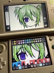 Rule 34 | 1girl, disappointed, drawing, empty eyes, expressionless, game console, green hair, hair ornament, highres, human experiment (wwinterdotcom), original, portrait, purple eyes, solo, staring