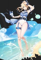 Rule 34 | &gt; &lt;, 1girl, ;d, arm up, armpits, bare legs, bare shoulders, barefoot, beach, blonde hair, blue eyes, blue flower, blue rose, blue sky, bow, breasts, cloud, feet, flower, full body, genshin impact, groin, hair bow, high heels, highleg, jean (sea breeze dandelion) (genshin impact), jean (genshin impact), legs, looking at viewer, ocean, one eye closed, open mouth, outdoors, ponytail, rose, sand, sandals, sky, sleeveless, slime (genshin impact), smile, solo, summer, swimsuit, thigh strap, thighs, third-party edit, toes, water, wristband