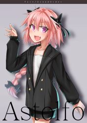 Rule 34 | 1boy, :d, absurdres, ahoge, astolfo (fate), black bow, black jacket, black skirt, blazer, blush, bow, braid, buttons, character name, collarbone, commentary request, copyright name, cowboy shot, crossed legs, double-breasted, drop shadow, eyelashes, fang, fate/apocrypha, fate/grand order, fate (series), grey background, hair between eyes, hair bow, hair intakes, hand up, highres, jacket, kirisame mia, long hair, long sleeves, looking at viewer, male focus, miniskirt, multicolored hair, open mouth, parted bangs, pink hair, purple eyes, shirt, simple background, single braid, sketch, skirt, sleeves past wrists, smile, solo, standing, streaked hair, thick eyebrows, trap, two-tone hair, v-shaped eyebrows, very long hair, waving, white hair, white shirt