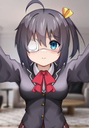 Rule 34 | 1girl, absurdres, ahoge, black hair, black jacket, blazer, blue eyes, blurry, blurry background, blush, bow, bowtie, breasts, carpet, chuunibyou demo koi ga shitai!, collared shirt, couch, eyepatch, hair ribbon, highres, icho private high school uniform, indoors, jacket, looking at viewer, medical eyepatch, medium breasts, one side up, outstretched arms, plaid, plaid skirt, red bow, red bowtie, red skirt, ribbon, school uniform, shirt, skirt, smile, table, takanashi rikka, upper body, white shirt, xiao liu, yellow ribbon