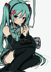 Rule 34 | 1girl, anger vein, beer can, black sleeves, black thighhighs, blue eyes, blue nails, blue necktie, blue shirt, can, cigarette, closed mouth, collared shirt, commentary, detached sleeves, drink can, english commentary, hatsune miku, highres, holding, holding can, holding cigarette, long hair, long sleeves, looking at viewer, nail polish, necktie, shirt, simple background, sitting, sleeveless, sleeveless shirt, sleeves past wrists, smoking, snale, solo, thighhighs, twintails, very long hair, vocaloid, white background