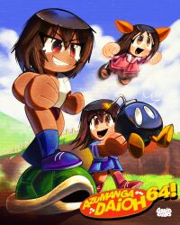 3girls absurdres artist_name azumanga_daioh&#039;s_school_uniform azumanga_daiou blue_skirt bob-omb brown_eyes brown_hair buruma commentary crossover dark-skinned_female dark_skin english_commentary fence flying gabiecillo grass grin gym_uniform highres kagura_(azumanga_daioh) kasuga_ayumu loafers mario_(series) multiple_girls nintendo open_mouth outstretched_arms pink_shirt pleated_skirt red_buruma red_eyes red_skirt school_uniform serafuku shirt shoes skirt smile super_mario_64 takino_tomo turtle_shell