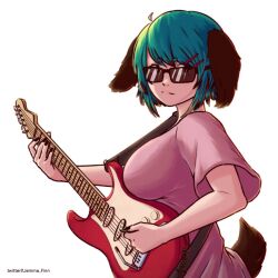 Rule 34 | 1girl, ahoge, animal ears, black nails, breasts, closed mouth, commentary, dog ears, dog tail, english commentary, green eyes, green hair, guitar, hair ornament, holding, holding instrument, instrument, jemma finn, kasodani kyouko, large breasts, looking at viewer, short hair, short sleeves, simple background, solo, sunglasses, tail, touhou, twitter username, upper body, white background