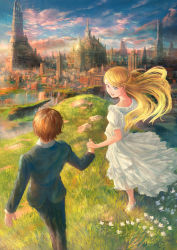 Rule 34 | 1boy, 1girl, :d, aircraft, airship, blonde hair, blue eyes, blue jacket, blue pants, braid, brown hair, building, castle, cityscape, cliff, cloud, dome, dress, fantasy, flower, formal, frilled dress, frills, from behind, grass, holding hands, hetero, highres, jacket, long hair, long sleeves, looking at another, looking back, nape, open mouth, original, pants, puffy short sleeves, puffy sleeves, rock, scenery, short hair, short sleeves, sky, smile, spire, standing, suit, tower, white dress, you (shimizu)
