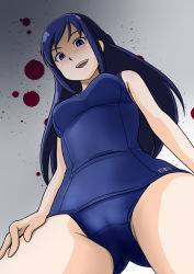 Rule 34 | 1girl, bakusai, blood, blue eyes, blue hair, blue one-piece swimsuit, blush, breasts, cameltoe, cowboy shot, crotch, dokidoki! precure, evil smile, eyelashes, from below, hishikawa rikka, long hair, looking at viewer, looking down, matching hair/eyes, medium breasts, one-piece swimsuit, open mouth, perspective, precure, school swimsuit, smile, solo, standing, swimsuit, yandere
