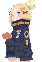 Rule 34 | 1girl, abigail williams (fate), abigail williams (traveling outfit) (fate), bandaid, bandaid on face, bandaid on forehead, belt, black bow, black jacket, blonde hair, blue eyes, blush, bow, cowboy shot, crossed bandaids, expressionless, fate/grand order, fate (series), hair bow, hair bun, highres, holding, holding stuffed toy, jacket, long hair, looking at viewer, multiple hair bows, official alternate costume, orange belt, orange bow, parted bangs, polka dot, polka dot bow, simple background, single hair bun, sleeves past fingers, sleeves past wrists, solo, stuffed animal, stuffed toy, teddy bear, tenoo12, white background