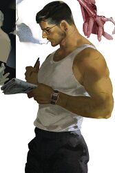 Rule 34 | 1boy, badnotime, bara, bare shoulders, beard stubble, black hair, black pants, earrings, facial hair, from side, glasses, highres, holding, holding newspaper, holding pen, jewelry, male focus, muscular, muscular male, newspaper, original, pants, pen, profile, smoking, solo, stubble, tank top, undercut, watch, white tank top, wristwatch