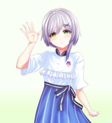 Rule 34 | 1girl, arm up, blue skirt, blush, commentary, cowboy shot, game club project, gradient background, green background, hair between eyes, hair ornament, head tilt, highres, jellyring, kazami yuika, sash, shirt, short hair, short sleeves, silver hair, simple background, single sidelock, skirt, smile, solo, standing, striped clothes, striped skirt, vertical-striped clothes, vertical-striped skirt, virtual youtuber, white shirt, x hair ornament