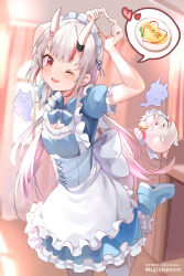 Rule 34 | 1girl, ;d, alternate costume, apron, arms up, blunt bangs, blurry, commentary request, depth of field, enmaided, fang, flat chest, food, hair between eyes, heart, heart hands, hololive, horns, long hair, maid, maid apron, maid headdress, mujinbensin, multicolored hair, nakiri ayame, omelet, omurice, one eye closed, open mouth, poyoyo (nakiri ayame), red eyes, red hair, revision, shiranui (nakiri ayame), short sleeves, sidelocks, skin-covered horns, skin fang, smile, spoken food, standing, standing on one leg, streaked hair, two-tone hair, virtual youtuber, white hair
