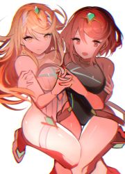 Rule 34 | 2girls, absurdres, blonde hair, breasts, chest jewel, competition swimsuit, dual persona, female focus, gem, headpiece, highres, large breasts, long hair, matching hair/eyes, multiple girls, mythra (radiant beach) (xenoblade), mythra (xenoblade), nail polish, one-piece swimsuit, pyra (pro swimmer) (xenoblade), pyra (xenoblade), red eyes, red hair, ribbed swimsuit, short hair, strapless, strapless one-piece swimsuit, striped clothes, striped one-piece swimsuit, swept bangs, swimsuit, tarbo (exxxpiation), tiara, vertical-striped clothes, vertical-striped one-piece swimsuit, very long hair, white one-piece swimsuit, xenoblade chronicles (series), xenoblade chronicles 2, yellow eyes
