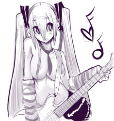 Rule 34 | 1girl, blush stickers, breasts, contrapposto, detached sleeves, guitar, hair censor, hatsune miku, heart, instrument, large breasts, monochrome, musical note, necktie, nipple slip, nipples, open mouth, sho-n-d, simple background, sketch, skirt, solo, standing, striped, striped sleeves, topless, twintails, vocaloid, white background