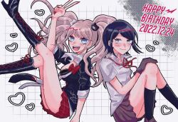 Rule 34 | 2girls, bear hair ornament, birthday, black footwear, black hair, black shirt, blonde hair, blue eyes, blush, boots, bow, bowtie, breasts, brown footwear, brown gloves, brown skirt, calf boots, calf socks, closed mouth, danganronpa: trigger happy havoc, danganronpa (series), dated, english text, enoshima junko, facial hair, female focus, fingernails, gloves, grey eyes, hair ornament, happy birthday, heart, high heel boots, high heels, highres, ikusaba mukuro, incest, knees together feet apart, large breasts, legs up, lined paper, long hair, looking at another, looking at viewer, multiple girls, nail polish, neck ribbon, open mouth, outstretched leg, red bow, red nails, red ribbon, red skirt, ribbon, shirt, short sleeves, siblings, simple background, sisters, skirt, smile, teeth, twincest, twins, twintails, upper teeth only, very long hair, white background, white shirt, yuri