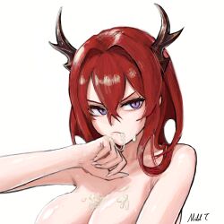 Rule 34 | 1girl, absurdres, arknights, breasts, closed mouth, commentary, cum, cum in mouth, cum on body, cum on breasts, cum on hands, cum on upper body, cum string, demon horns, facial, female focus, hair between eyes, hair intakes, highres, horns, large breasts, looking at viewer, medium hair, mildt, purple eyes, red hair, scowl, signature, simple background, solo, surtr (arknights), topless, upper body, v-shaped eyebrows, white background, wiping face