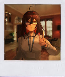 Rule 34 | 1girl, absurdres, ahoge, black hair, breasts, collared shirt, colored inner hair, commentary, english commentary, enma-chan, expressionless, glasses, hair between eyes, highres, hololive, hololive english, id card, looking at viewer, medium breasts, multicolored hair, polaroid, red eyes, red hair, shirt, solo, v, vincent wu, virtual youtuber, white shirt