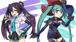 Rule 34 | 2girls, aqua eyes, aqua hair, ashreix, bare shoulders, black hair, blue eyes, breasts, cartoonized, cosplay, costume switch, crossover, detached sleeves, genshin impact, gloves, gold, hand on own hip, hat, hatsune miku, highres, looking at another, medium breasts, microphone, mona (genshin impact), multiple girls, necktie, open mouth, shorts, signature, simple background, skirt, smile, toon (style), twintails, vocaloid, witch hat