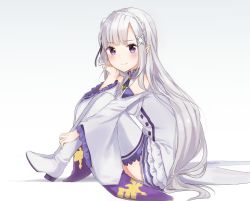 Rule 34 | 10s, 1girl, :&gt;, bare shoulders, blunt bangs, blush, boots, braid, closed mouth, commentary, crown braid, emilia (re:zero), from side, full body, gem, grey background, hair ornament, hairclip, head rest, high heel boots, high heels, highres, long hair, long sleeves, looking at viewer, low-tied long hair, mochii, pointy ears, purple eyes, re:zero kara hajimeru isekai seikatsu, signature, simple background, sitting, solo, thigh boots, thighhighs, very long hair, wide sleeves, x hair ornament