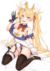 Rule 34 | 1girl, adapted costume, animal ears, artist request, bare shoulders, black gloves, black thighhighs, blonde hair, blue eyes, blue leotard, blush, bradamante (fate), bradamante (second ascension) (fate), braid, breasts, cleavage, coattails, covered navel, crown braid, detached collar, fake animal ears, fate/grand order, fate (series), fishnet thighhighs, fishnets, gloves, high heels, highleg, highleg leotard, highres, large breasts, leotard, long hair, looking at viewer, off shoulder, open mouth, playboy bunny, rabbit ears, rabbit tail, sitting, smile, solo, tail, thigh strap, thighhighs, thighs, twintails, two-tone gloves, two-tone leotard, very long hair, wariza, white gloves, white leotard
