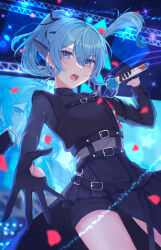 Rule 34 | 1girl, absurdres, belt, black belt, black gloves, black shorts, blue eyes, blue hair, blurry, depth of field, ear piercing, earrings, falling petals, flat chest, flower, gloves, hair ribbon, half gloves, high ponytail, highres, hololive, hoshimachi suisei, hoshimachi suisei (shout in crisis), jewelry, long hair, microphone, music, nolc, official alternate costume, open hand, open mouth, petals, piercing, ribbon, short shorts, shorts, singing, solo, stage, star (symbol), star in eye, symbol in eye, teeth, thighs, turtleneck, upper teeth only, virtual youtuber, wing hair ornament
