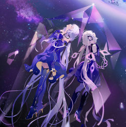 Rule 34 | 2girls, absurdly long hair, crossed legs, dark persona, dual persona, gem, grey hair, hands on own chest, legs apart, lirseven, long hair, minus (synthesizer v), multiple girls, quartz (gemstone), synthesizer v, twintails, very long hair, vocaloid, xingchen