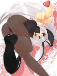 Rule 34 | 1girl, animal ears, ass, bow, bowtie, detached collar, dracu-riot!, elena olegovna owen, fake animal ears, foreshortening, highres, long hair, pantyhose, perspective, playboy bunny, rabbit ears, red eyes, saano chia, silver hair, solo, wrist cuffs