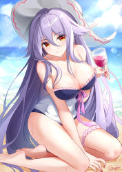 Rule 34 | 1girl, aged up, bare arms, bare shoulders, barefoot, beach, between legs, bikini, black bikini, breasts, cleavage, cup, day, drinking glass, frills, gou lianlian dogface, hair flaps, hat, highres, holding, honkai (series), honkai impact 3rd, large breasts, long hair, looking at viewer, nail polish, orange eyes, outdoors, purple hair, sirin, smile, solo, sun hat, swimsuit, thighs, very long hair, wet, white hat, wine glass