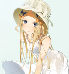 Rule 34 | 1girl, abigail williams (fate), alternate costume, bare shoulders, black bow, blonde hair, blue eyes, blush, bow, breasts, collarbone, commentary request, dress, fate/grand order, fate (series), hair bow, hat, hat bow, highres, long hair, looking at viewer, multiple hair bows, orange bow, parted bangs, polka dot, polka dot bow, sakazakinchan, simple background, small breasts, solo, very long hair, white background, white bow, white dress, white hat